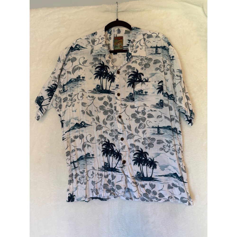 Pineapple Connection Men Large Hawaiian Shirt Rayon Palm Tree Tropical
